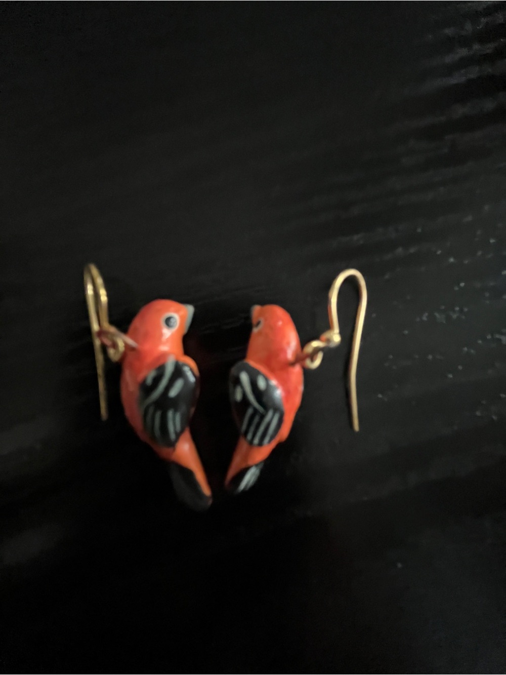 Unique Ceramic Hand-Painted Red Bird Dangle Earrings - Gold Hooks